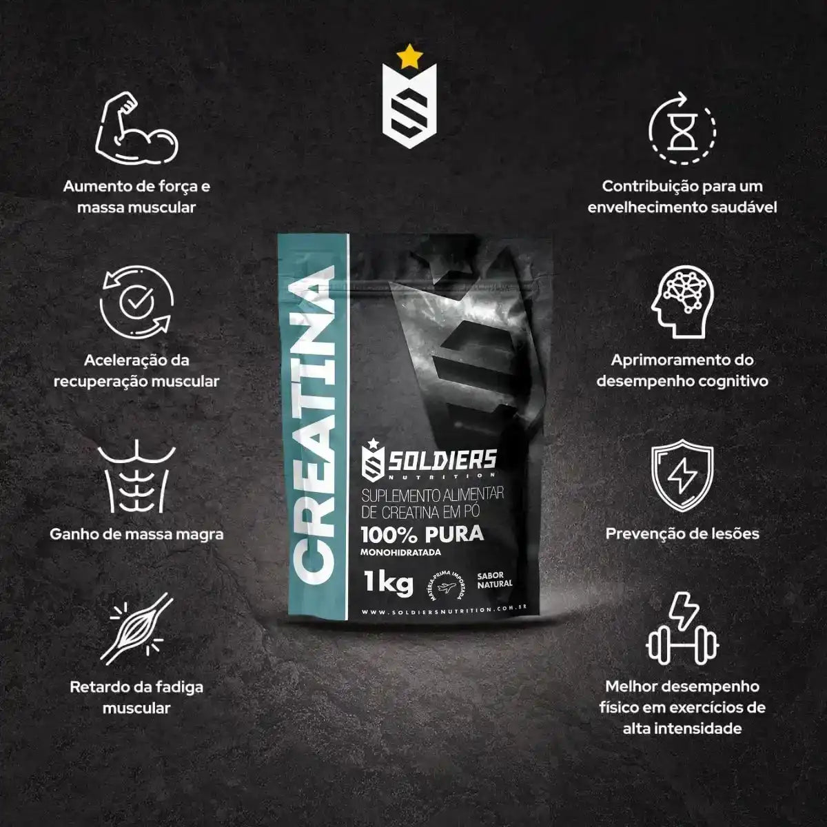 Embalagem de creatina monohidratada 1kg, suplemento alimentar em pó, com benefícios destacados para força muscular, desempenho, recuperação e saúde física.