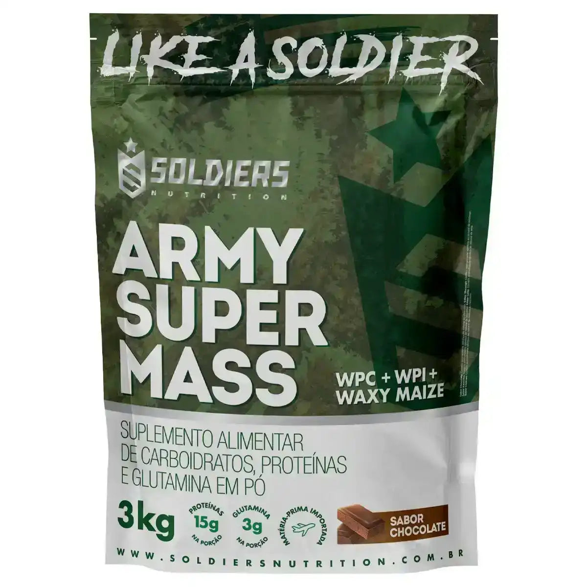 Embalagem de suplemento alimentar Army Super Mass 3kg sabor chocolate, proteínas e glutamina.