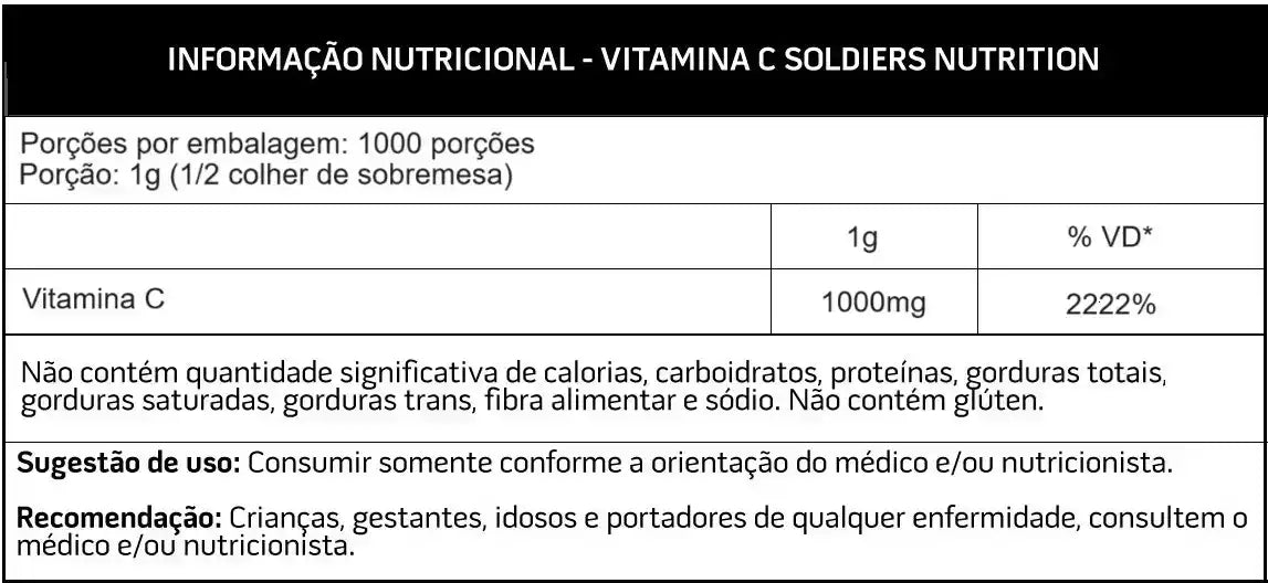 Tabela nutricional de vitamina C em pó, 1000mg por porção de 1g, sem glúten.