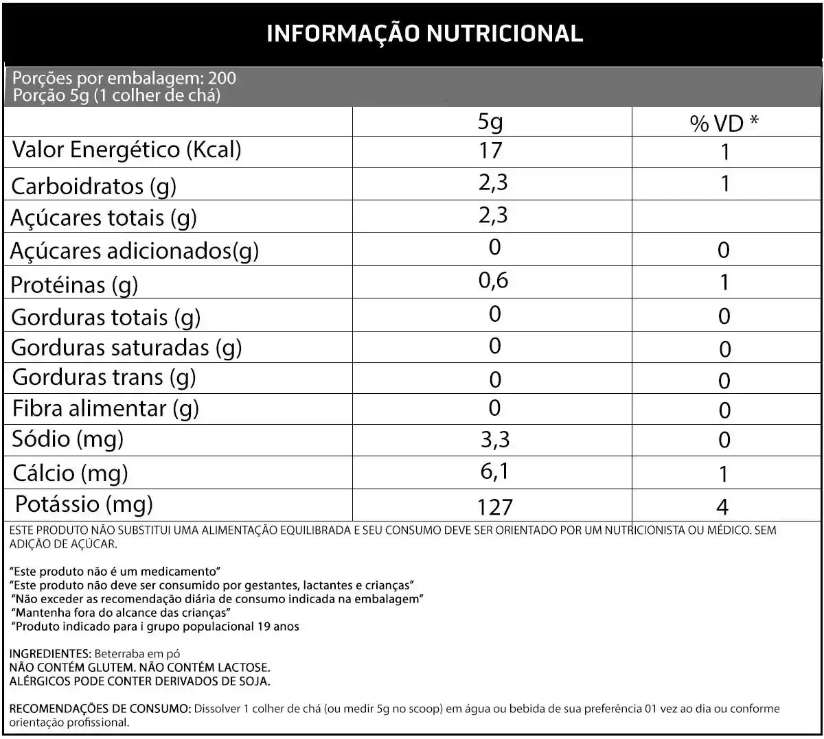 Tabela nutricional de beterraba em pó, destacando calorias, carboidratos, proteínas e minerais.
