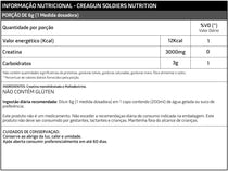 Tabela nutricional de suplemento com creatina 3000mg, 12Kcal e 3g de carboidratos por dose.