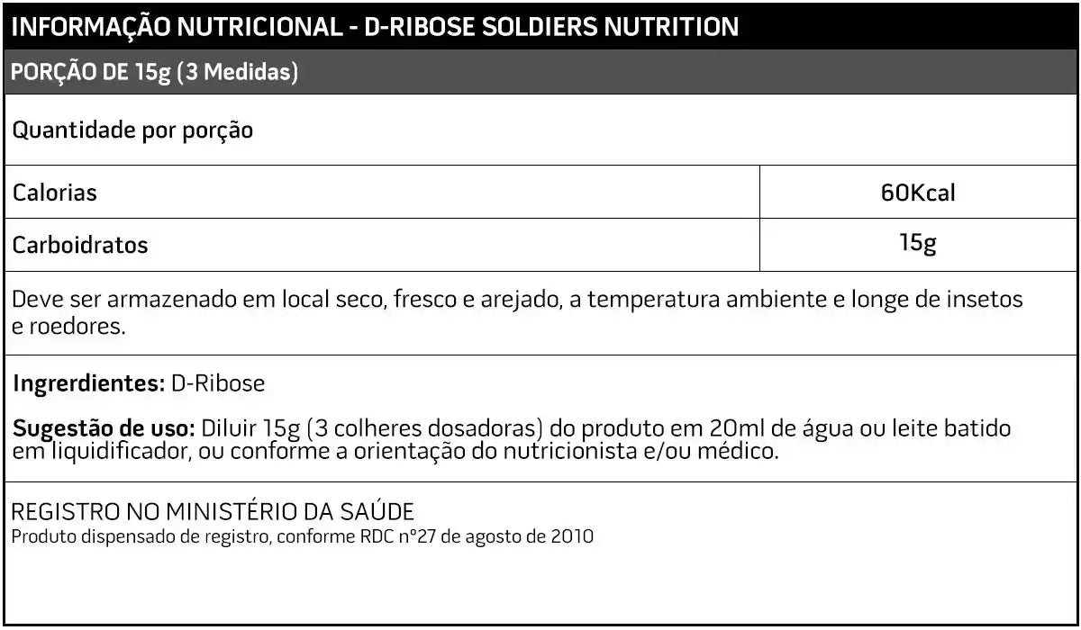 Tabela nutricional de D-Ribose, 15g porção, 60kcal, 15g carboidratos, suplemento alimentar.