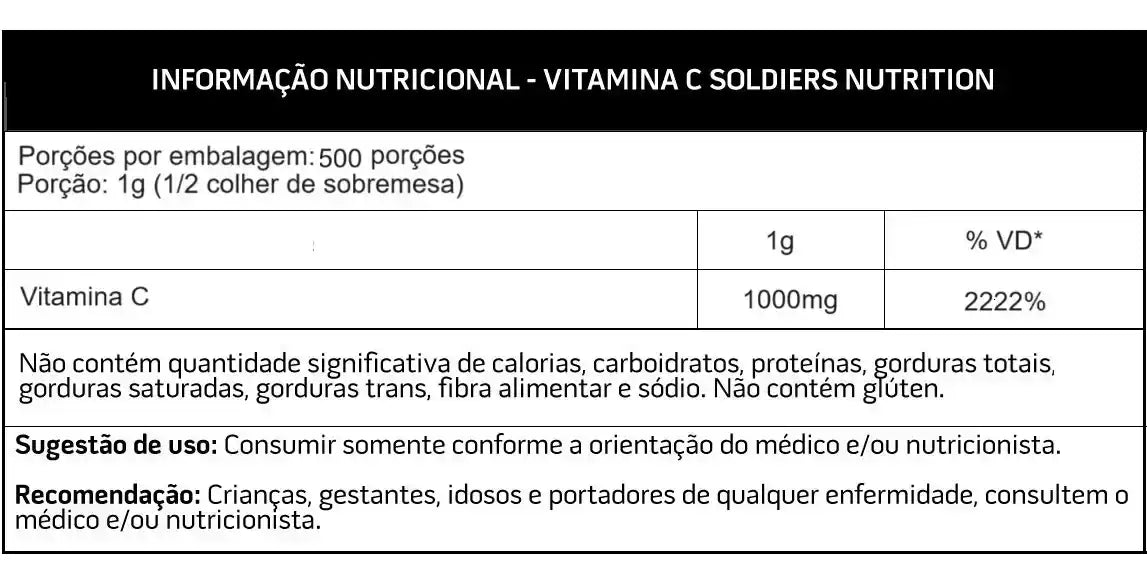 Tabela nutricional de suplemento vitamina C 1000mg, 500 porções, sem glúten, dose diária