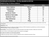 Tabela nutricional de xilitol em pó, destacando calorias, carboidratos e zero glúten.