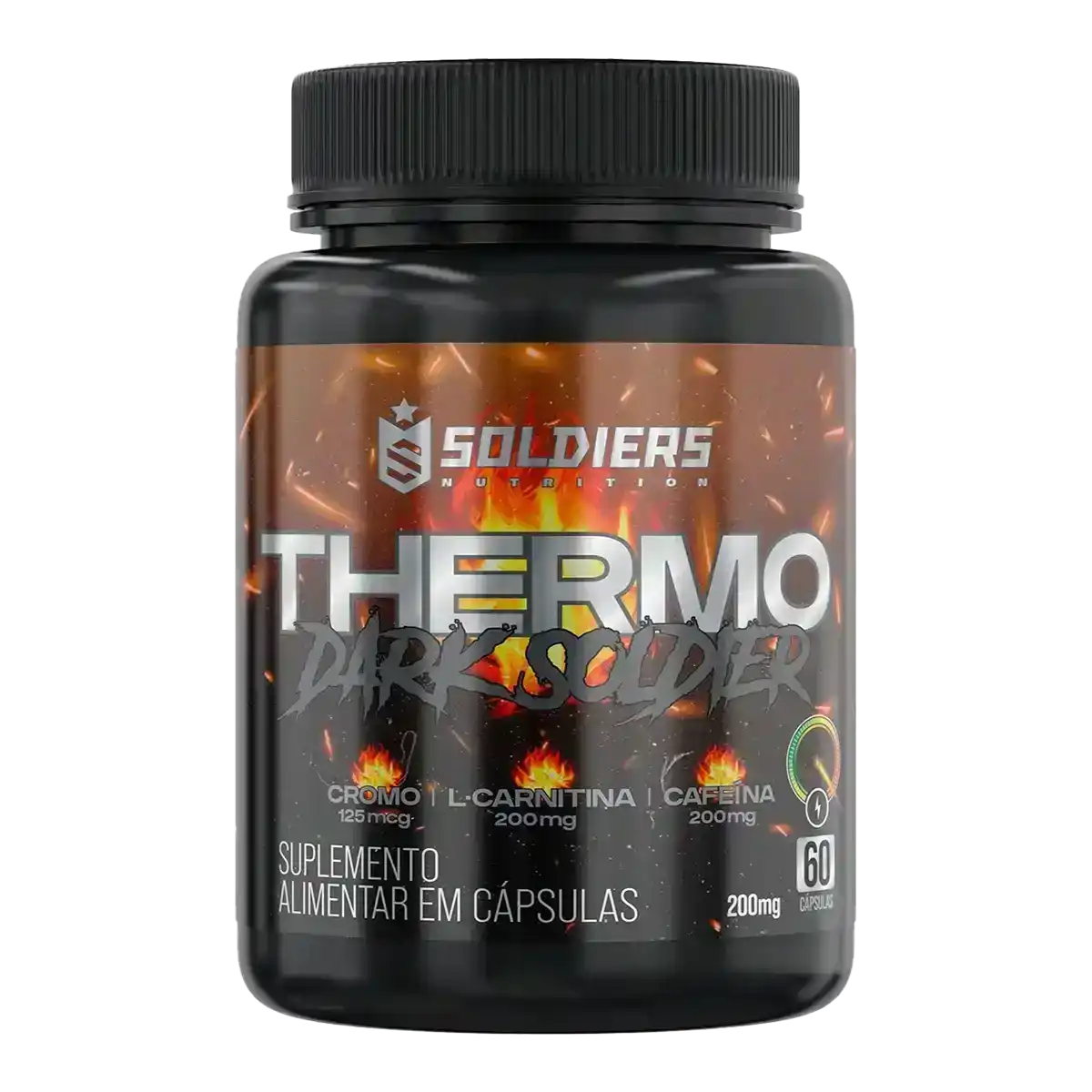Pote de suplemento alimentar Thermo Dark Soldier, 60 cápsulas, com cromo, L-carnitina e cafeína.