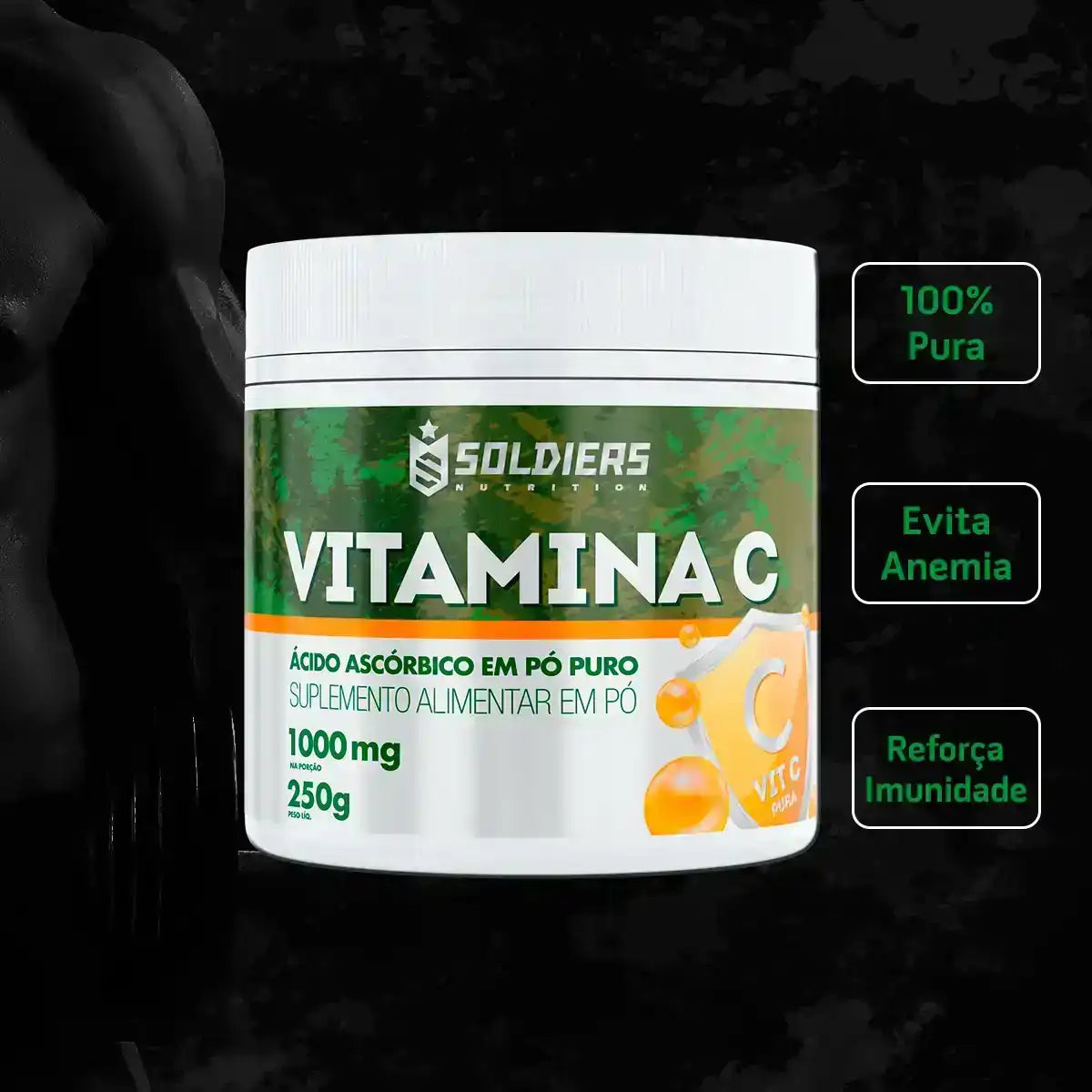 Pote de vitamina C em pó, ácido ascórbico puro, suplemento alimentar 250g, fundo preto.