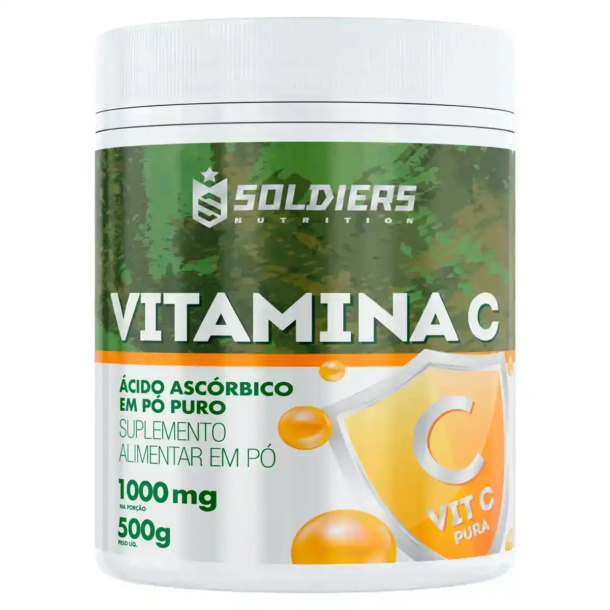 Pote de 500g de vitamina C em pó puro, ácido ascórbico, suplemento alimentar.