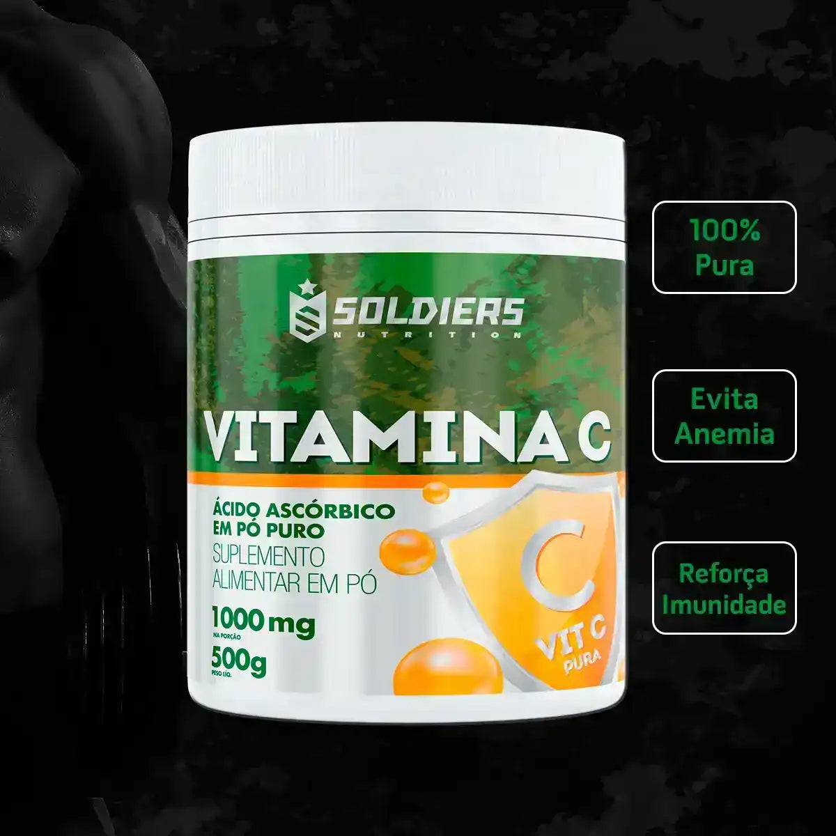Pote de suplemento alimentar em pó de vitamina C 500g, ácido ascórbico puro, fundo preto.