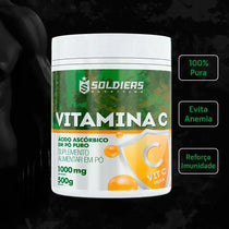 Pote de suplemento alimentar em pó de vitamina C 500g, ácido ascórbico puro, fundo preto.