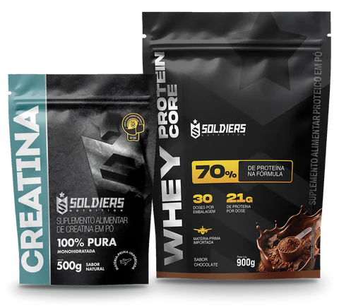 Pacote de 500 g da Creatina Soldiers ao lado do Whey Core 900 g