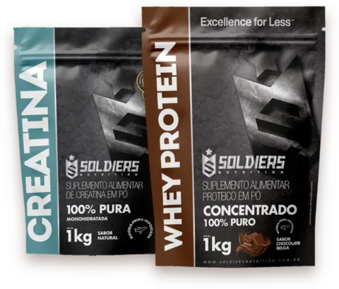 Pacote de Whey Protein Concentrado Soldiers Chocolate Belga ao lado do pacote de Creatina Monohidratada Soldiers 1 kg