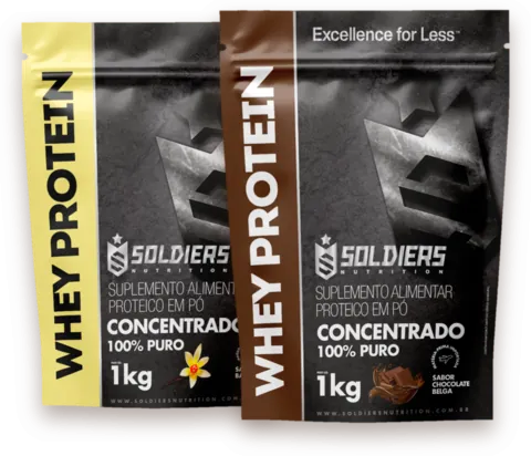 Pacotes de Whey Protein Concentrado Soldiers nos sabores Baunilha e Chocolate Belga