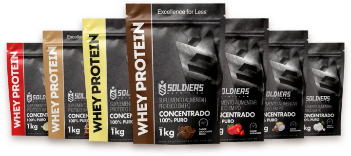 Os 7 sabores do Whey Protein Concentrado Soldiers: Natural, Cookies, Baunilha, Chocolate Belga, Morango, Mocaccino e Beijinho