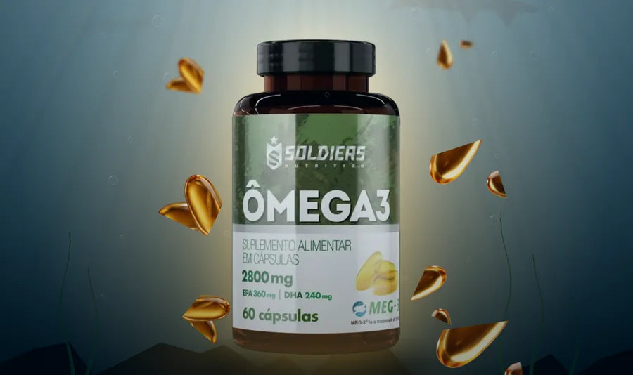 Pote de Ômega 3 Soldiers no fundo do mar, com cápsulas douradas ao redor