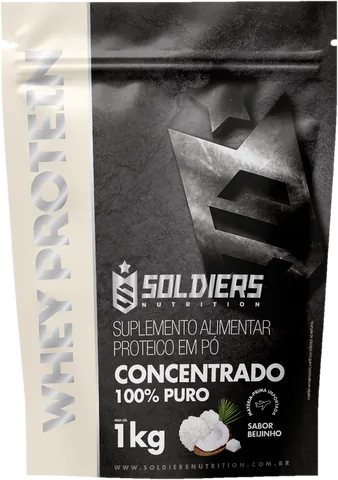 Pacote de 1 kg do Whey Protein Concentrado Soldiers sabor Beijinho