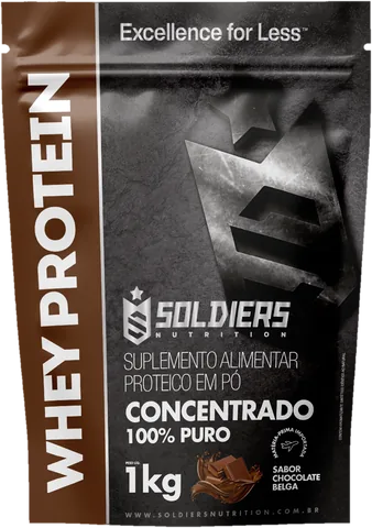 Pacote de 1 kg do Whey Protein Concentrado Soldiers sabor Chocolate Belga