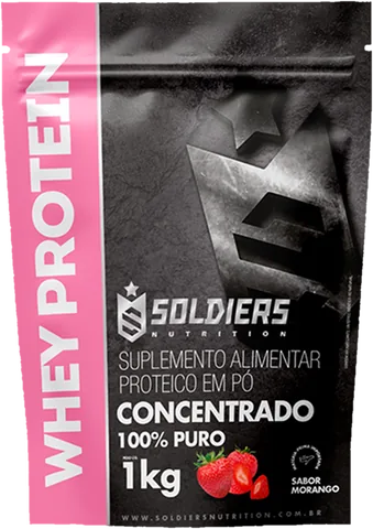 Pacote de 1 kg do Whey Protein Concentrado Soldiers sabor Morango