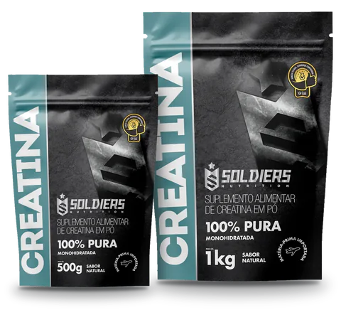 Pacote de 500 g ao lado do pacote de 1 kg da Creatina Soldiers